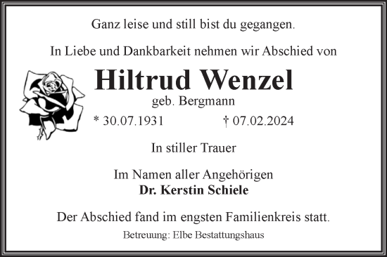 Traueranzeige von Hiltrud Wenzel von Volksstimme Magdeburg