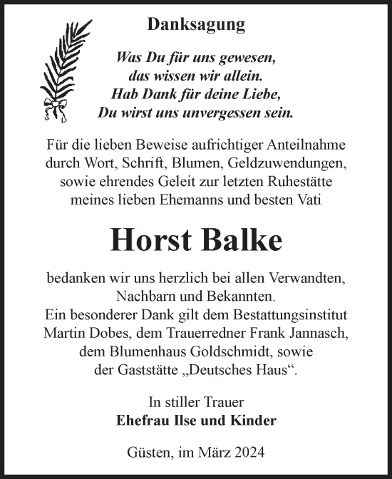 Traueranzeige von Horst Balke 