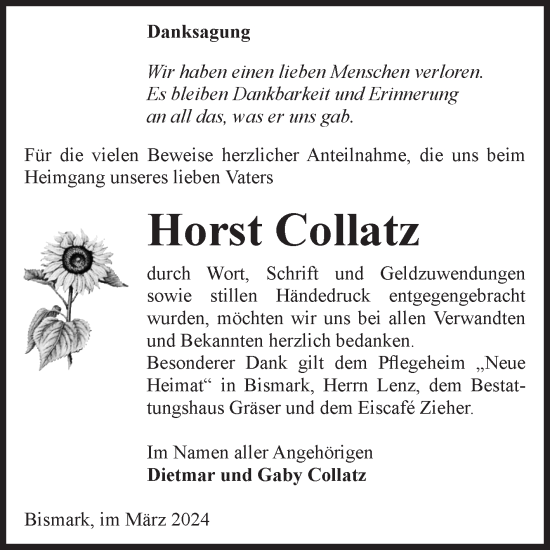 Traueranzeige von Horst Collatz von Volksstimme Altmark Ost