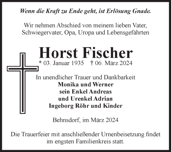 Traueranzeige von Horst Fischer von Volksstimme Haldensleben/Wolmirstedt