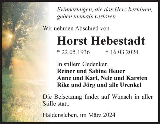 Traueranzeige von Horst Hebestadt von Volksstimme Haldensleben/Wolmirstedt