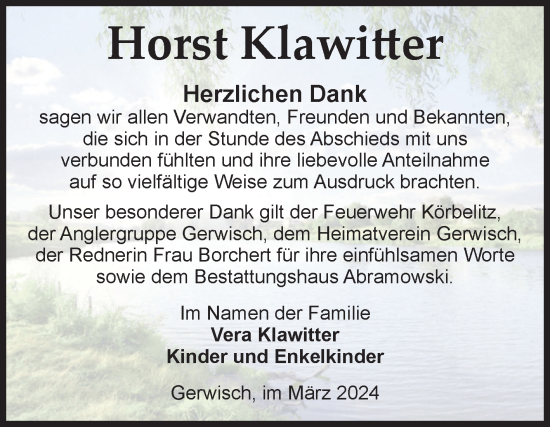 Traueranzeige von Horst Klawitter von Volksstimme Burg/Genthin