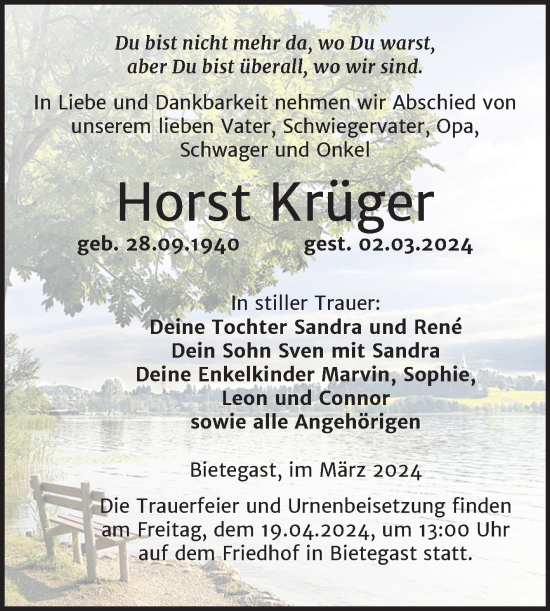 Traueranzeige von Horst Krüger von Trauerkombi Wittenberg
