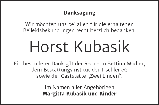 Traueranzeige von Horst Kubasik von Trauerkombi Wittenberg