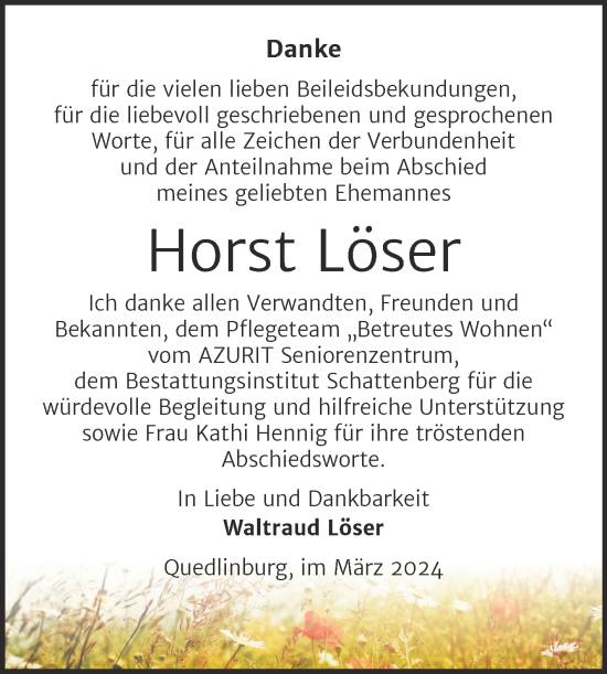 Traueranzeige von Horst Löser von Trauerkombi Quedlinburg