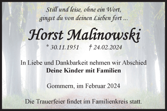 Traueranzeige von Horst Malinowski von Volksstimme Burg/Genthin