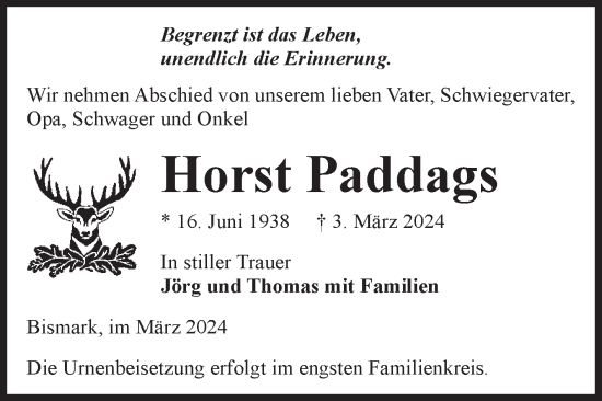 Traueranzeige von Horst Paddags von Volksstimme Altmark Ost
