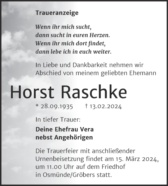 Traueranzeige von Horst Raschke von Mitteldeutsche Zeitung Halle/Saalkreis