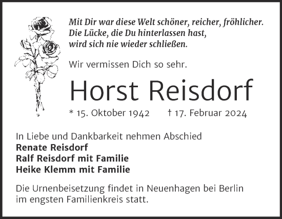 Traueranzeige von Horst Reisdorf von Mitteldeutsche Zeitung Weißenfels
