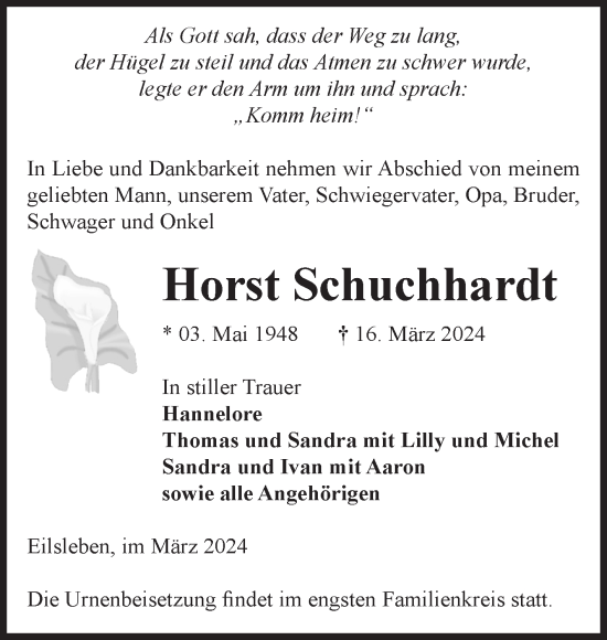 Traueranzeige von Horst Schuchhardt von Volksstimme Oschersleben/Wanzleben