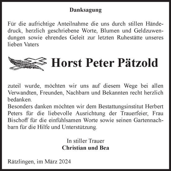 Traueranzeige von Horst Peter Pätzold von Volksstimme Haldensleben/Wolmirstedt