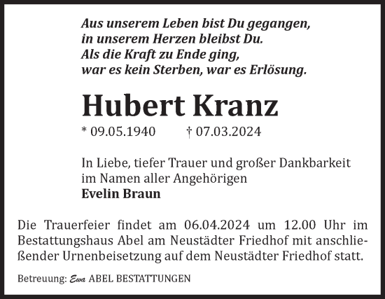 Traueranzeige von Hubert Kranz von Volksstimme Staßfurt