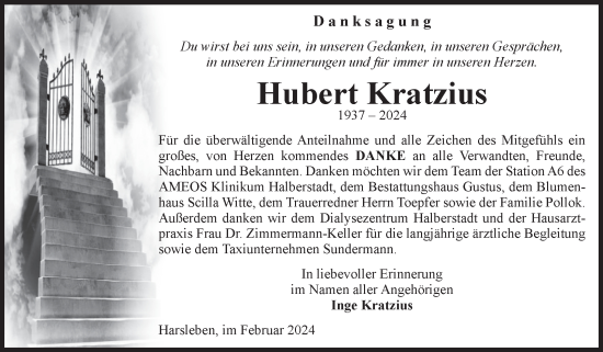 Traueranzeige von Hubert Kratzius von Volksstimme Halberstadt