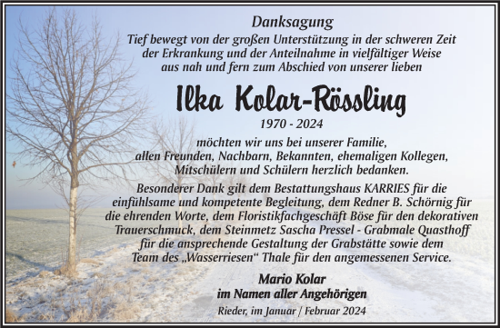Traueranzeige von Ilka Kolar-Rössling von Trauerkombi Quedlinburg