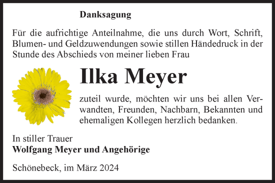 Traueranzeige von Ilka Meyer von Volksstimme Schönebeck