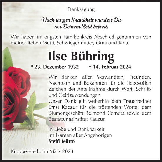 Traueranzeige von Ilse Bühring von Volksstimme Oschersleben/Wanzleben