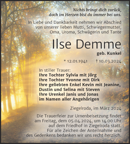 Traueranzeige von Ilse Demme von Trauerkombi Merseburg