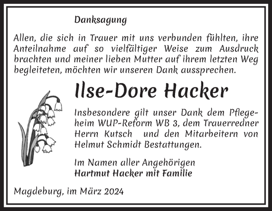 Traueranzeige von Ilse-Dore Hacker von Volksstimme Magdeburg