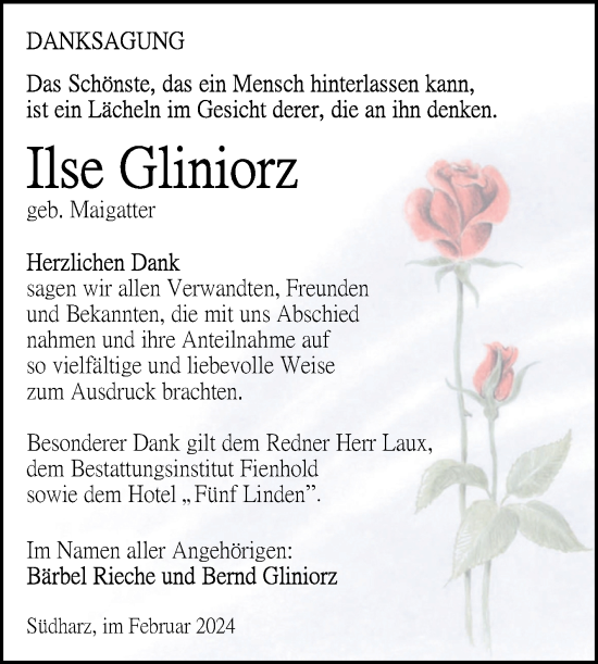 Traueranzeige von Ilse Gliniorz von Trauerkombi Sangerhausen