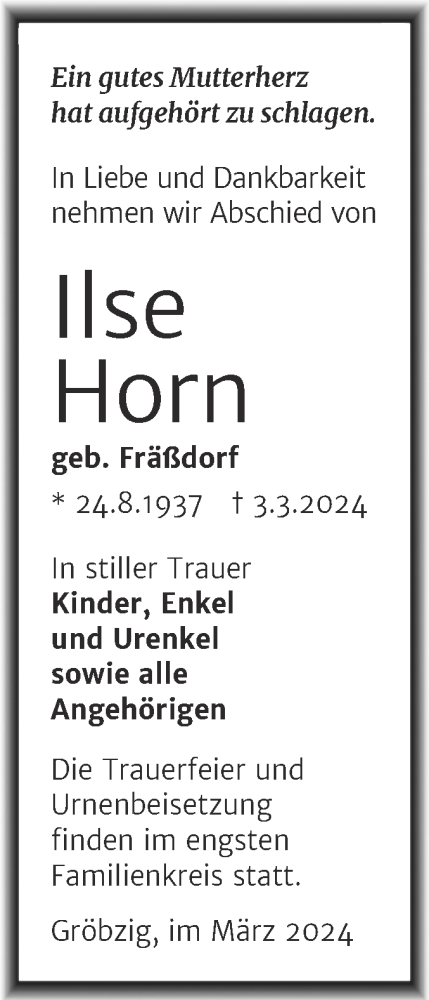 Traueranzeige von Ilse Horn von Trauerkombi Köthen