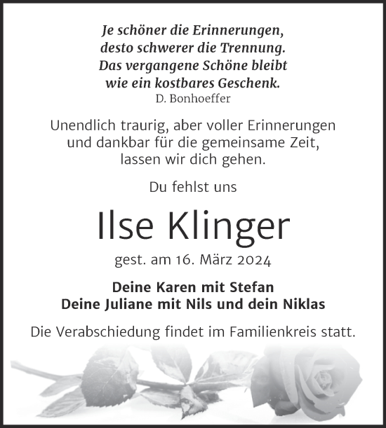 Traueranzeige von Ilse Klinger von Trauerkombi Köthen