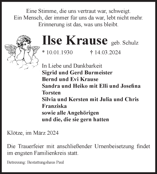 Traueranzeige von Ilse Krause von Volksstimme Altmark West