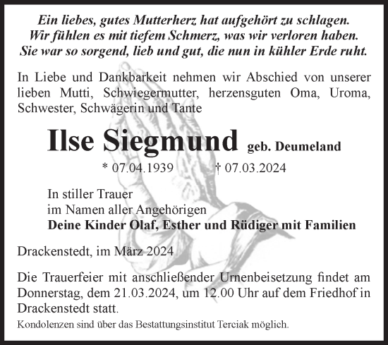 Traueranzeige von Ilse Siegmund von Volksstimme Oschersleben/Wanzleben