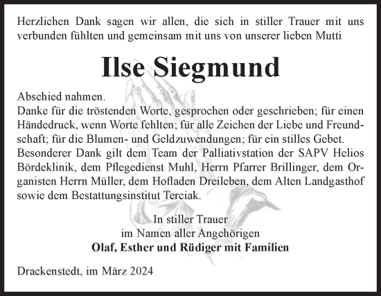 Traueranzeige von Ilse Siegmund von Volksstimme Oschersleben/Wanzleben