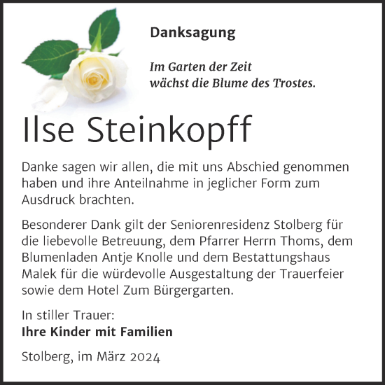 Traueranzeige von Ilse Steinkopff von Trauerkombi Sangerhausen