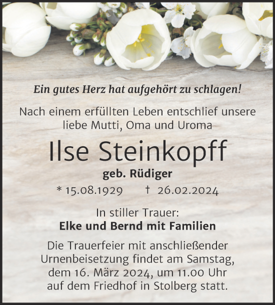 Traueranzeige von Ilse Steinkopff von Trauerkombi Sangerhausen