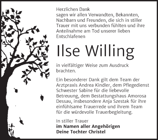 Traueranzeige von Ilse Willing von Trauerkombi Dessau