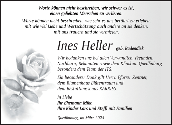 Traueranzeige von Ines Heller von Trauerkombi Quedlinburg
