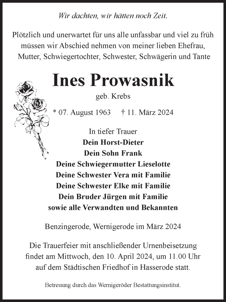  Traueranzeige für Ines Prowasnik vom 30.03.2024 aus Volksstimme Wernigerode