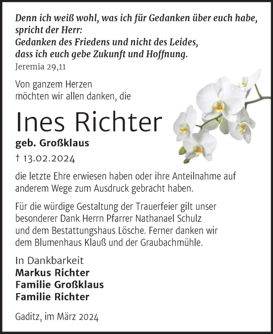 Traueranzeige von Ines Richter von Trauerkombi Wittenberg