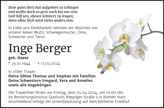 Traueranzeige von Inge Berger von Trauerkombi Köthen