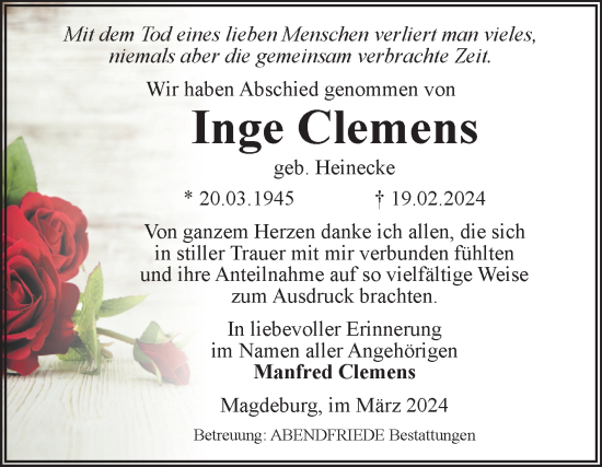 Traueranzeige von Inge Clemens von Volksstimme Magdeburg