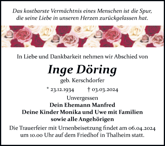 Traueranzeige von Inge Döring von Trauerkombi Bitterfeld