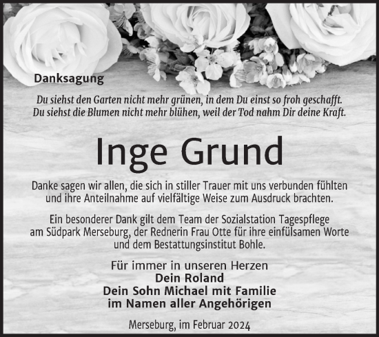 Traueranzeige von Inge Grund von Trauerkombi Merseburg
