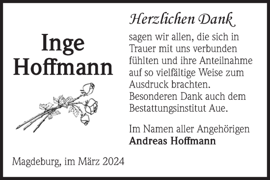 Traueranzeige von Inge Hoffmann von Volksstimme Magdeburg