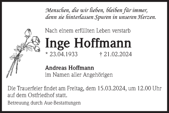 Traueranzeige von Inge Hoffmann von Volksstimme Magdeburg