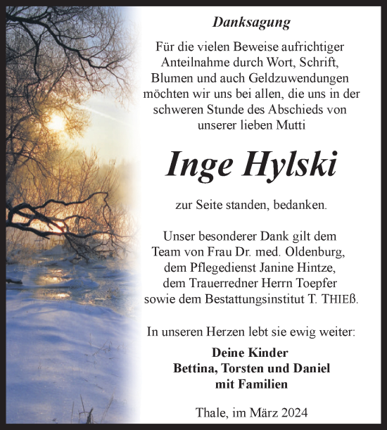 Traueranzeige von Inge Hylski von Trauerkombi Quedlinburg