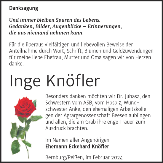 Traueranzeige von Inge Knöfler von Trauerkombi Bernburg
