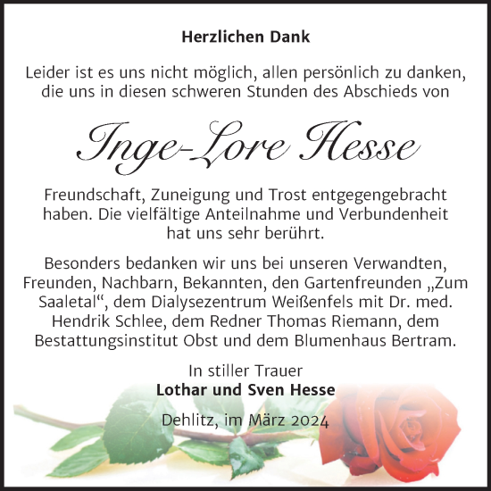 Traueranzeige von Inge-Lore Hesse von Trauerkombi Weißenfels