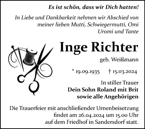 Traueranzeige von Inge Richter von Trauerkombi Bitterfeld