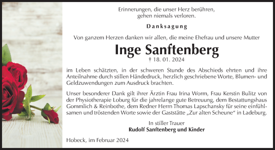 Traueranzeige von Inge Sanftenberg von Volksstimme Zerbst