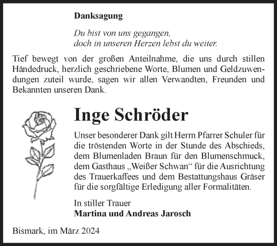 Traueranzeige von Inge Schröder von Volksstimme Altmark Ost