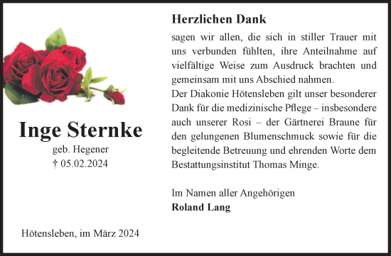 Traueranzeige von Inge Sternke von Volksstimme Oschersleben/Wanzleben