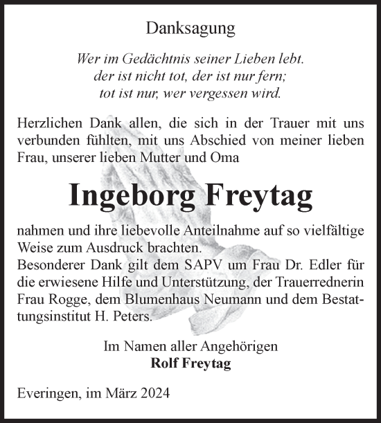 Traueranzeige von Ingeborg Freytag von Volksstimme Haldensleben/Wolmirstedt