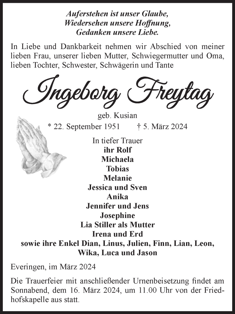  Traueranzeige für Ingeborg Freytag vom 08.03.2024 aus Volksstimme Haldensleben/Wolmirstedt