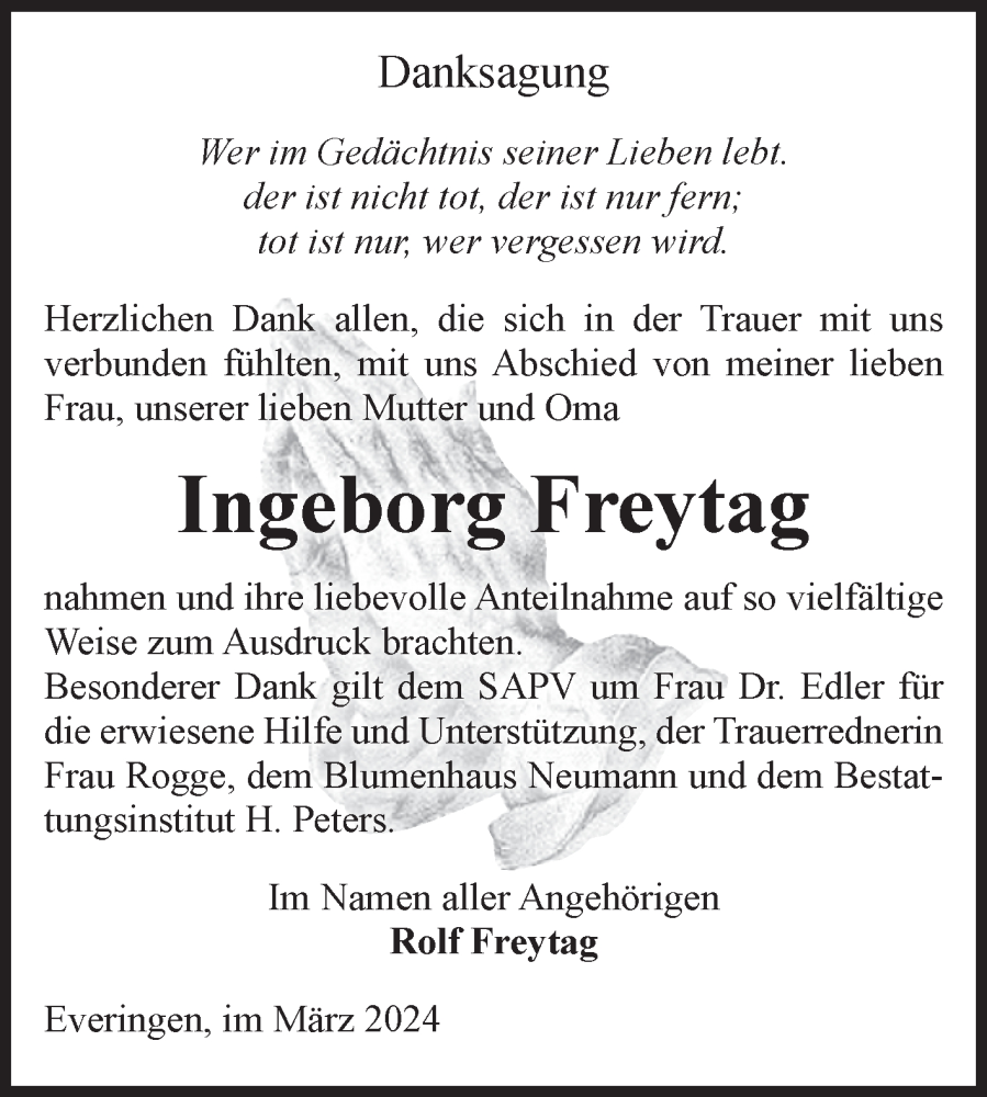  Traueranzeige für Ingeborg Freytag vom 30.03.2024 aus Volksstimme Haldensleben/Wolmirstedt
